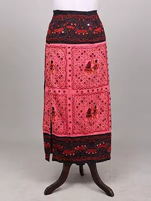 Geranium-Pink Embroidered Long Skirt with Mirror Work