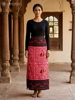 Geranium-Pink Embroidered Long Skirt from Gujarat with Mirrors work