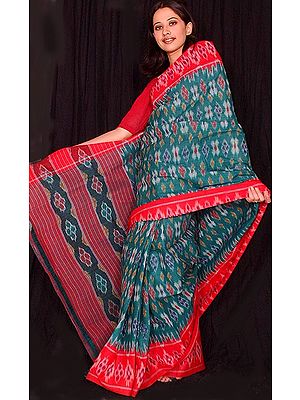 Green and Red Cotton Patola Sari