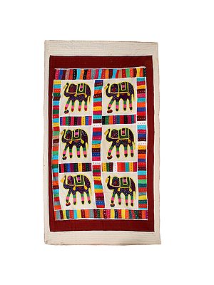 Flamboyant Multicolor Elephant Embroidered Kantha Patchwork Wall Tapestry from Gujarat