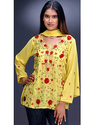 Lemon Yellow Embroidered Floral Kurti Top with Stole