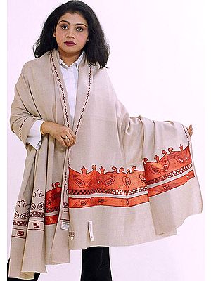 Light-Gray and Orange Shawl with Folk Motif