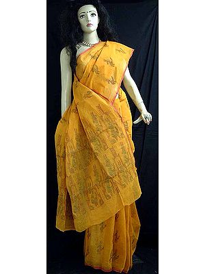 Mustard Color Kantha Stitch Cotton Sari