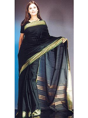 Plain Green Sari with Golden Border