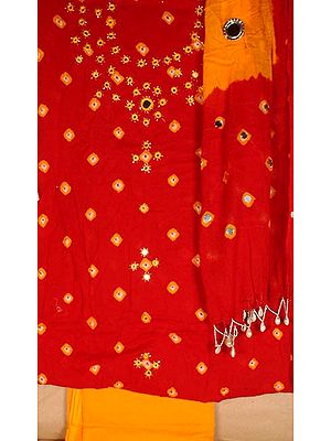 Red and Orange Gujarati Suit with Mirror Work