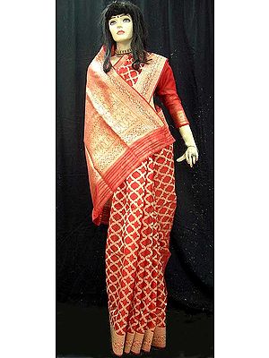 Red Chanderi Sari With Benares Weaves