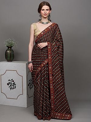 Black-Onyx Bandhani Saree with Hand-Embroidered Rabari Patch Border
