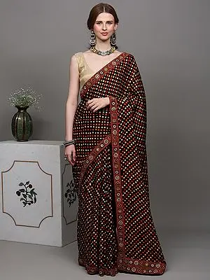 Black-Onyx Bandhani Saree with Hand-Embroidered Rabari Patch Border