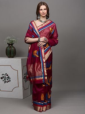 Grape-Wine Designer Chanderi Saree with Hand-woven Birds