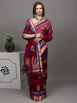 Grape-Wine Designer Chanderi Saree with Hand-woven Birds