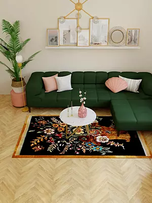 Eclipse-Blue Kashmiri Carpet with Knotted Flower Vase