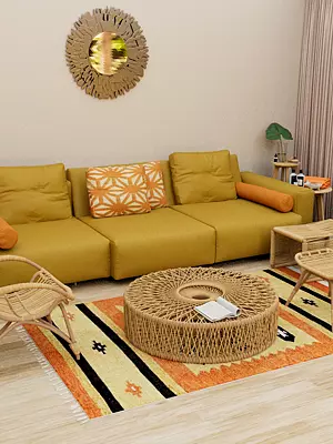 Orange-Ochre Dhurrie from Sitapur with Woven Motifs