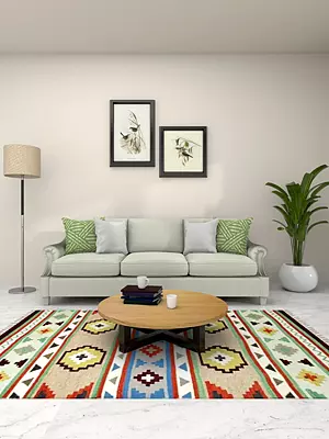 Ivory Kilim Dhurrie from Sitapur with Woven Multicolor Stripes and Motifs