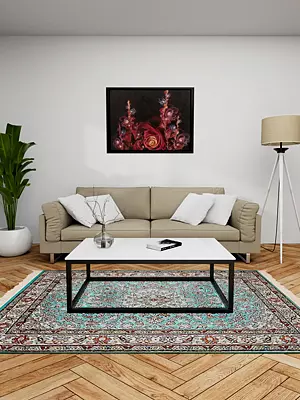 37" x 25" Turquoise Handmade Pure Silk on Silk Superfine Carpet from Kashmir