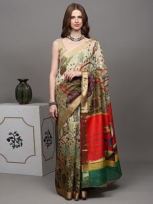 Golden-Olive Saree with Digital-Printed Sparrow on Anchal and Zari Border