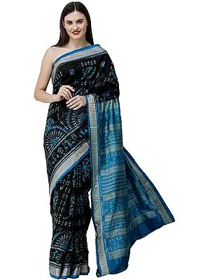 Caviar-Black Bomkai Sari from Orissa with Hand-woven Warli Motifs
