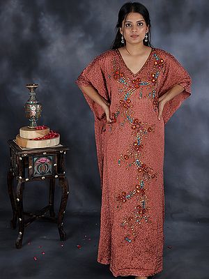 Old-Rose Aari-Embroidered Kaftan from Kashmir with Embellished Stones and Sequins