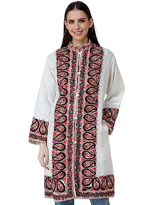 Snow-white Long Jacket from Kashmir with Chain Stitch Embroidered Multi-colored Flowers and Paisleys