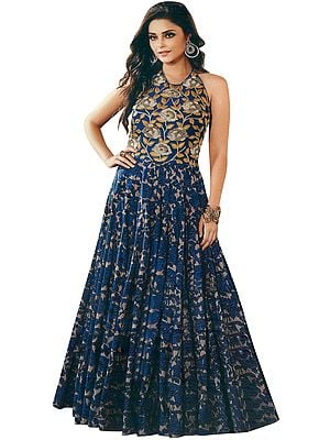 Lapis-Blue Long Printed Floral Dress with Zari Embroidered Flowers