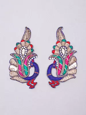 Pair of Multi-Color Embroidered Peacock Patches with Zardozi Work