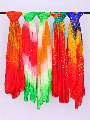 Lot of Five Bandhani Tie-Dye Dupattas from Rajasthan