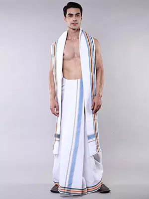 White Dhoti and Angavastram Set with Woven Border