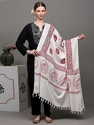 White-Alyssum Sanatana Dharma Om Printed Prayer Shawl with Shiva Parvati and Ganesha
