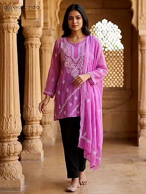 Iris-Orchid Georgette Chikan Embroidered Full Sleeve Kurti with Matching Stole