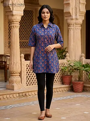 Estate-Blue Kurti with Block-Printed Paisleys from Pilkhuwa
