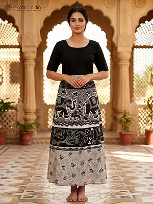 White and Black Wrap-Around Long Skirt with Printed Elephants