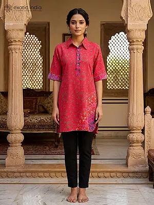 Viva-Magenta Half Sleeve Kurti from Pilkhuwa with Printed Elephants
