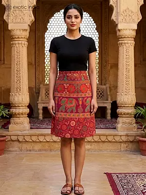 Oxblood-Red Wrap-On Skirt with Printed Elephants and Flowers