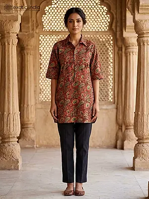 Burnt-Brick Collared Kurti with Flowers and Paisleys Print