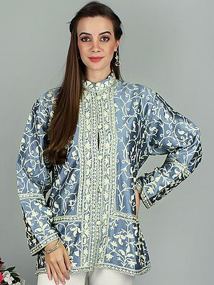 Shadow-Blue Short Kashmiri Jacket with All-Over Aari Embroidered Paisleys