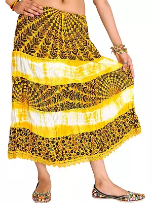 Batik-Dyed Midi Skirt with Printed Flowers