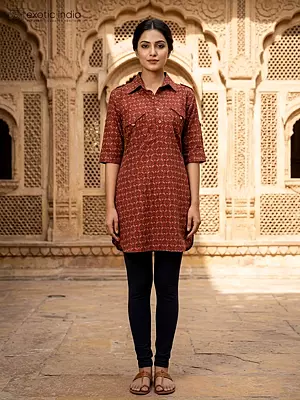 Cinnamon-Brown Block-Printed Kurti from Pilkhuwa with Front Pockets