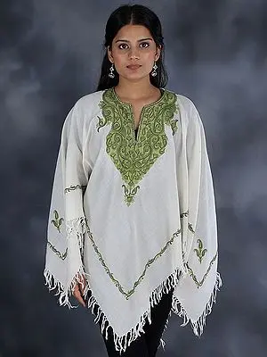 Poncho from Kashmir with Aari Hand-Embroidered Paisley And Flower Pattern on Neck