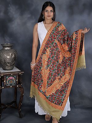 Stole from Kashmir with All-Over Multicolored Aari Hand-Embroidered Flowers and Bold Paisleys