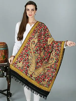 Stole from Kashmir with All-Over Multicolored Aari Hand-Embroidered Flowers and Bold Paisleys