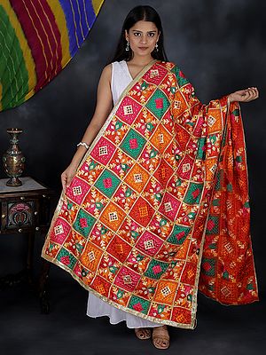 Flame-Scarlet Phulkari Dupatta from Punjab with Multicolor Geometric Patterns and Beaded Zari Border