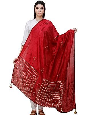 Silk Dupatta From Amritsar with Gota Patti, Floral Beads and Velvet Tassels on Edges
