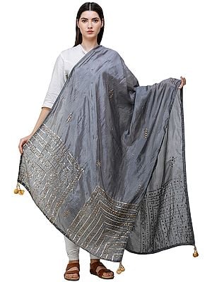 Silk Dupatta From Amritsar with Gota Patti, Floral Beads and Velvet Tassels on Edges