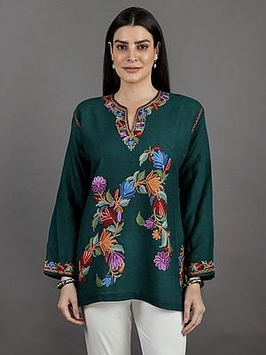 Dark-Sea Woolen Short Kurti From Kashmir With Aari Embroidery