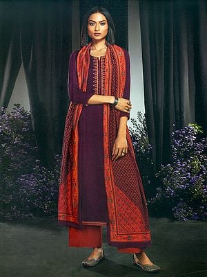 Wool Dobby Printed With Embroidery With Finest Bemberg Lawn Printed Dupatta Salwar-Kameez Suit