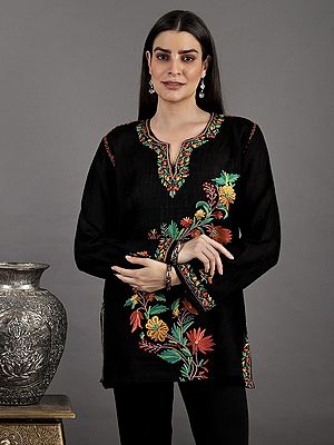 Black-Beauty Short Kurti From Kashmir With Flowers Aari Embroidery In Multicolored Thread