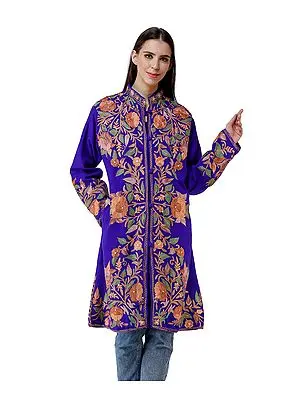 Royal-Blue Long Jacket from Kashmir with Aari-Embroidered Flowers All-Over