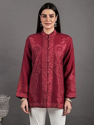 Garnet-Rose Pure-Wool Short Jacket From Kashmir With Floral Aari Embroidery By Hand