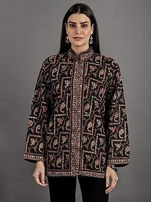 Black-Beauty Kashmiri Jacket with Sozni Hand-Embroidered Paisleys And Flowers All-Over