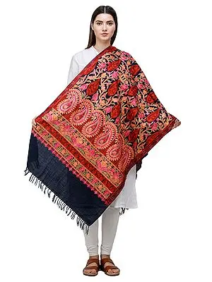 Pageant-Blue Wool Stole From Amritsar With Aari-Embroidered Flowers In Multi-Color Thread