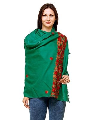 Leprechaun Stole from Kashmir with Floral Aari-Embroidery by Hand